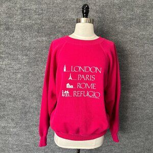Vintage 80s Sweatshirt Womens Medium Pink Travel Destination Pullover Fl…